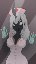 Size: 4320x7680 | Tagged: safe, artist:doritomancer, oc, oc only, oc:silver lies, changeling, human, absurd resolution, against glass, breasts, changeling oc, female, fingernails, glass, gloves, humanized, looking at you, monochrome, nurse outfit, rubber gloves, solo, white changeling