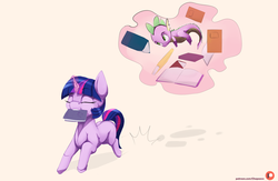 Size: 2000x1300 | Tagged: safe, artist:chapaevv, spike, twilight sparkle, dragon, g4, book, bookhorse, female, filly, filly twilight sparkle, glowing horn, happy, horn, magic, male, mouth hold, patreon, patreon logo, running, simple background, telekinesis, that pony sure does love books, younger