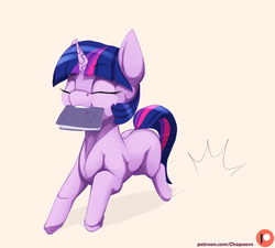 Size: 1000x900 | Tagged: safe, artist:chapaevv, twilight sparkle, pony, g4, book, bookhorse, female, filly, filly twilight sparkle, happy, magic, patreon, patreon logo, running, simple background, younger