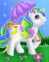 Size: 600x751 | Tagged: safe, artist:athenielle, baby quackers, earth pony, pony, g1, bow, female, first tooth baby ponies, rain, solo, tail bow, umbrella