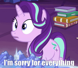 Size: 786x691 | Tagged: safe, screencap, starlight glimmer, pony, unicorn, g4, shadow play, animated, apology, book, caption, cropped, cute, cutie map, female, floppy ears, gif, glimmerbetes, image macro, looking down, sad, sadorable, solo, text