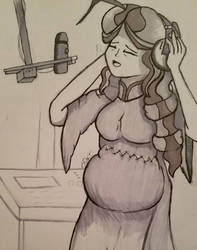 Size: 1024x1302 | Tagged: safe, artist:zalla661, oc, oc only, oc:diva nuit, human, equestria girls, g4, clothes, dress, equestria girls-ified, eyes closed, female, headphones, microphone, monochrome, multiple pregnancy, parent:coloratura, parents:canon x oc, pregnant, pregnant equestria girls, recording, recording studio, singing, solo, traditional art