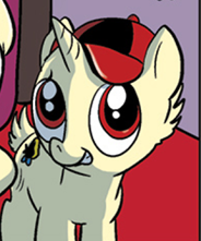Size: 184x221 | Tagged: safe, idw, pony, unicorn, spoiler:comic, spoiler:comicm08, baby huey, cap, comic, cropped, ducktales, hat, huey (pony), huey duck, male, ponified, smiling