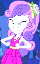 Size: 218x342 | Tagged: safe, screencap, sweetie belle, equestria girls, g4, my little pony equestria girls, cute, diasweetes, eyes closed, fall formal, fall formal outfits, flower, flower in hair, smiling, teeth