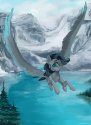 Size: 1280x1760 | Tagged: dead source, safe, artist:aoiyui, oc, oc only, pegasus, pony, flying, forest, lake, mountain, mountain range, scenery, solo