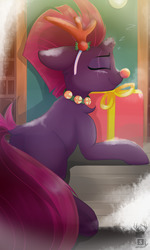 Size: 1152x1920 | Tagged: safe, artist:php97, fizzlepop berrytwist, tempest shadow, pony, unicorn, g4, antlers, bell, bell collar, broken horn, christmas, clothes, collar, costume, cute, dock, female, holiday, horn, present, red nose, reindeer antlers, rudolf the red nosed reindeer, sleeping, smiling, solo, tempestbetes, underhoof