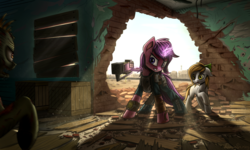 Size: 1500x900 | Tagged: safe, artist:adagiostring, oc, oc only, oc:amethyst heartstone, earth pony, ghoul, pony, unicorn, fallout equestria, attack, backlighting, brick wall, commission, crepuscular rays, crossover, dust, fallout, fear, female, gun, looking at each other, magic, mare, weapon