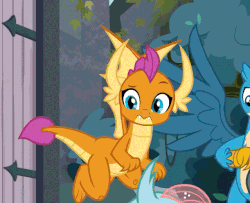 Size: 639x519 | Tagged: safe, edit, edited screencap, screencap, gallus, ocellus, smolder, yona, changedling, changeling, dragon, griffon, g4, school daze, animated, claws, cropped, cute, dragon wings, dragoness, fangs, female, flying, gif, grin, horns, male, smiling, smolderbetes, wings