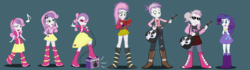 Size: 4001x1123 | Tagged: safe, artist:magerblutooth, rarity, sweetie belle, equestria girls, g4, adult, age progression, amplifier, belts, boots, cellphone, clothes, commission, duo, ear piercing, earring, elderly, eyes closed, face paint, guitar, hairclip, high heel boots, high res, jacket, jewelry, leather jacket, microphone, music notes, necklace, notebook, older, older sweetie belle, open mouth, pants, pen, phone, piercing, ponytail, rock (music), rocker, shirt, shoes, show accurate, simple background, singing, skirt, smiling, spiky hair, sunglasses, teenager, tongue out, transformation, transformation sequence, transforming clothes, vector