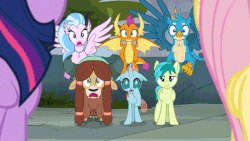 Size: 650x366 | Tagged: safe, screencap, fluttershy, gallus, ocellus, sandbar, silverstream, smolder, twilight sparkle, yona, alicorn, changedling, changeling, classical hippogriff, dragon, earth pony, griffon, hippogriff, pony, yak, g4, school daze, animated, bow, cloven hooves, colored hooves, dragoness, female, gif, hair bow, jewelry, male, monkey swings, necklace, student six, sudden realization, teenager, twilight sparkle (alicorn)