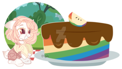 Size: 1920x1092 | Tagged: safe, artist:dianamur, oc, oc only, earth pony, pony, cake, clothes, deviantart watermark, female, food, mare, obtrusive watermark, solo, watermark, zap apple cake