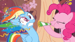 Size: 480x270 | Tagged: safe, screencap, pinkie pie, rainbow dash, pony, daring don't, g4, animated, bedroom eyes, female, fez, gif, golden oaks library, hat, party, party horn