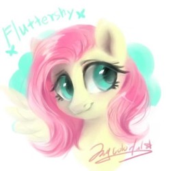 Size: 512x512 | Tagged: safe, artist:oofycolorful, fluttershy, pony, g4, abstract background, bust, female, looking away, looking sideways, mare, name, portrait, signature, smiling, solo, three quarter view