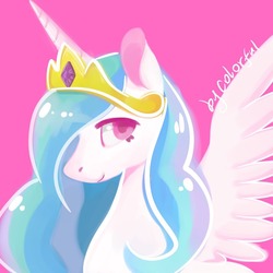 Size: 1000x1000 | Tagged: safe, artist:oofycolorful, princess celestia, pony, g4, crown, female, jewelry, looking at you, mare, pink background, regalia, signature, simple background, smiling, solo, wings