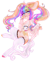 Size: 1040x1248 | Tagged: safe, artist:dustyonyx, oc, oc only, oc:lovely starlight, pegasus, pony, clothes, female, mare, multicolored hair, piebald coat, pigtails, simple background, socks, solo, stockings, thigh highs, transparent background, twintails