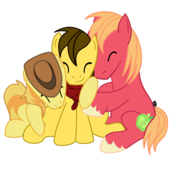 Size: 1280x1280 | Tagged: safe, artist:hutarin, big macintosh, braeburn, oc, earth pony, pony, g4, bandana, cowboy hat, eyes closed, hat, hug, male, simple background, sitting, smiling, stallion, transparent background, unshorn fetlocks