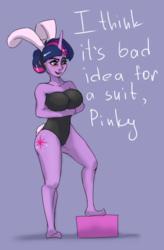 Size: 606x924 | Tagged: safe, artist:kittytitikitty, twilight sparkle, human, equestria girls, g4, breasts, bunny ears, bunny suit, busty twilight sparkle, clothes, engrish, horn, horned humanization, humanized, misspelling