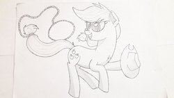 Size: 4128x2322 | Tagged: safe, artist:adjierakapangestu, applejack, earth pony, pony, g4, drawing, female, hat, lasso, pen drawing, pencil drawing, rope, solo, traditional art