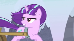 Size: 1280x720 | Tagged: safe, edit, edited screencap, screencap, starlight glimmer, pony, unicorn, g4, the cutie map, cart, female, looking back, mare, red eyes, running, s5 starlight, solo