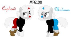 Size: 813x444 | Tagged: safe, artist:mixelfangirl100, artist:selenaede, pony, unicorn, base used, blue nose, clothes, crossover, cuphead, cuphead (character), gloves, hasbro, hasbro studios, misspelling, mugman, ponified, red nose, shoes, shorts, studio mdhr