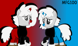 Size: 1332x784 | Tagged: safe, artist:katsubases, artist:mixelfangirl100, pony, unicorn, base used, clothes, crossover, cuphead, cuphead (character), gloves, hasbro, hasbro studios, mugman, pac-man eyes, ponified, shoes, shorts, studio mdhr
