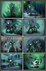 Size: 3840x6000 | Tagged: safe, artist:bonsia-lucky, queen chrysalis, changeling, changeling larva, changeling queen, nymph, g4, absurd resolution, age regression, bowing, changeling hive, changeling princess, chrysalis' throne, cocoon, comic, commission, cute, cute little fangs, cutealis, cuteling, fangs, female, grin, no dialogue, open mouth, short mane, smiling, tongue out, walking, younger