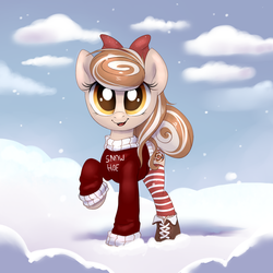 Size: 2000x2000 | Tagged: safe, artist:confetticakez, oc, oc only, oc:cinnamon spangled, earth pony, pony, g4, boots, bow, clothes, cute, female, high res, mare, ocbetes, shoes, snow, socks, solo, striped socks, sweater, thigh highs, winter