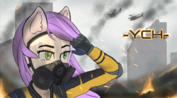 Size: 2618x1440 | Tagged: safe, artist:mintjuice, anthro, advertisement, building, city, commission, female, fire, gas mask, ground, helicopter, mare, mask, rain, skyscraper, smoke, your character here