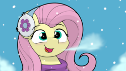 Size: 1920x1080 | Tagged: safe, artist:ljdamz1119, fluttershy, pony, best gift ever, g4, clothes, cute, earmuffs, female, mare, open mouth, shyabetes, solo, sweater, winter outfit