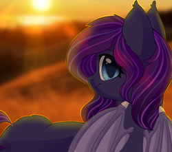 Size: 1000x884 | Tagged: safe, artist:alphadesu, oc, oc only, oc:lucky, bat pony, pony, bat pony oc, commission, female, looking at you, looking back, looking back at you, mare, smiling, solo, sun, sunset, ych result
