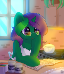 Size: 3500x3999 | Tagged: safe, artist:alphadesu, oc, oc only, oc:buggy code, pony, unicorn, apron, cabinet, chest fluff, clothes, commission, female, glasses, high res, kitchen, magazine, mare, open mouth, oven, plant, pot, recipe, solo, window, ych result
