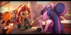 Size: 10800x5400 | Tagged: safe, artist:imafutureguitarhero, adagio dazzle, sci-twi, sunset shimmer, twilight sparkle, oc, oc:cupcake slash, earth pony, unicorn, anthro, plantigrade anthro, equestria girls, g4, 3d, absurd file size, absurd resolution, alternate hairstyle, anthro oc, arm freckles, back to the future, black bars, bloom, breasts, cafe, car, chromatic aberration, cleavage, clothes, coffee, colored eyebrows, colored eyelashes, cup, cute, delorean, dress, female, film grain, floppy ears, food, freckles, glasses, glowing, hair bun, hoodie, jacket, jeans, laughing, leather jacket, lens flare, lesbian, letterboxing, mare, mug, napkins, pants, peppered bacon, plate, sandwich, shimmerbetes, ship:sci-twishimmer, ship:sunsetsparkle, shipping, signature, smiling, source filmmaker, sunrise, table, tablecloth, tank top, twiabetes, unicorn sci-twi