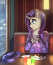 Size: 3608x4375 | Tagged: safe, artist:mintjuice, rarity, unicorn, anthro, g4, cafe, cake, candle, clothes, evening, female, food, mare, mug, rain, scarf, solo, street, sweater, tea, window, ych result