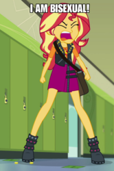 Size: 720x1083 | Tagged: safe, edit, edited screencap, screencap, sunset shimmer, equestria girls, equestria girls specials, g4, my little pony equestria girls: better together, my little pony equestria girls: forgotten friendship, bisexual, caption, clothes, female, geode of empathy, hilarious in hindsight, image macro, jacket, legs, magical geodes, meme, money, skirt, solo, sunset shimmer is bisexual, text