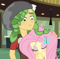 Size: 2063x2023 | Tagged: safe, artist:sparkling-sunset-s08, fluttershy, sandalwood, equestria girls, g4, blushing, braid, female, high res, male, sandalshy, shipping, straight