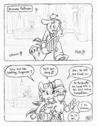 Size: 849x1100 | Tagged: safe, artist:circe, louise the singing harp, twilight sparkle, alicorn, anthro, unguligrade anthro, comic:soreloser, g4, black and white, clothes, cuffs, grayscale, groucho marx, handcuffed, inspector jacques clouseau, lineart, marx brothers, monochrome, pleated skirt, skirt, traditional art, twilight sparkle (alicorn)