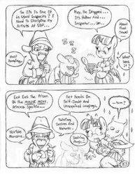 Size: 849x1100 | Tagged: safe, artist:circe, louise the singing harp, twilight sparkle, alicorn, anthro, unguligrade anthro, comic:soreloser, g4, black and white, clothes, grayscale, groucho marx, inspector jacques clouseau, marx brothers, mauve minx, monochrome, notepad, pencil, pleated skirt, skirt, traditional art, twilight sparkle (alicorn)