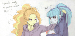 Size: 1843x894 | Tagged: safe, artist:amazingpuffhair, adagio dazzle, sonata dusk, equestria girls, g4, blushing, clothes, cookie, duo, female, food, grin, hoodie, mamadagio, nervous, nervous smile, smiling, traditional art