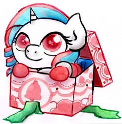 Size: 1590x1616 | Tagged: safe, artist:mashiromiku, oc, oc only, oc:mimi, pony, unicorn, box, hearth's warming, looking up, pony in a box, present, solo, traditional art, watercolor painting