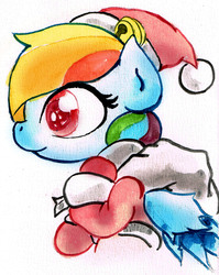 Size: 1714x2150 | Tagged: safe, artist:mashiromiku, rainbow dash, pegasus, pony, g4, bell, christmas, female, hat, hearth's warming, holiday, santa hat, solo, traditional art, watercolor painting