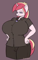 Size: 553x875 | Tagged: safe, artist:bumpywish, oc, oc only, unicorn, anthro, big breasts, breasts, female, huge breasts, impossibly large breasts, solo