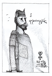 Size: 1784x2600 | Tagged: safe, artist:rogbo, oc, oc only, earth pony, anthro, beard, byzantines, cloak, clothes, cross, eastern equestrian empire, facial hair, general, greek, hat, pencil drawing, signature, solo, strategos, traditional art