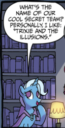 Size: 656x1277 | Tagged: safe, artist:tonyfleecs, idw, trixie, pony, unicorn, g4, nightmare knights, spoiler:comic, spoiler:comicnightmareknights02, cape, clothes, female, implied equestria girls, mare, solo, speech bubble, text, trixie and the illusions, trixie's cape