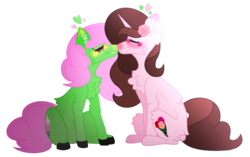Size: 1024x645 | Tagged: safe, artist:leanne264, oc, oc only, earth pony, pony, unicorn, female, lesbian, mare, nuzzling, simple background, transparent background