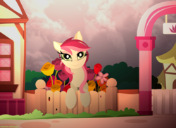 Size: 3506x2549 | Tagged: dead source, safe, artist:pedrohander, roseluck, earth pony, pony, g4, female, fence, flower, high res, looking at you, rose, solo
