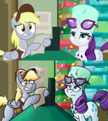 Size: 1920x2160 | Tagged: safe, artist:mandy1412, screencap, derpy hooves, rarity, pegasus, pony, unicorn, g4, my little pony best gift ever, cash register, female, mare, post office, present, scene interpretation