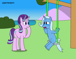 Size: 1636x1260 | Tagged: safe, artist:gradiusfanatic, starlight glimmer, trixie, pony, unicorn, g4, crying, duo, swing, tree, tree branch