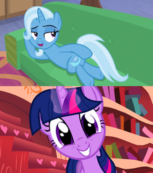 Size: 1280x1440 | Tagged: safe, edit, edited screencap, screencap, trixie, twilight sparkle, pony, unicorn, g4, look before you sleep, road to friendship, couch, draw me like one of your french girls, female, golden oaks library, lesbian, mare, ship:twixie, shipping