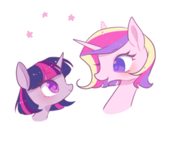 Size: 515x428 | Tagged: safe, artist:kkmrarar, edit, editor:jamalleymall, princess cadance, twilight sparkle, alicorn, pony, g4, blushing, cropped, cute, cutedance, duo, female, looking at each other, mare, open mouth, simple background, smiling, stars, twiabetes, twilight sparkle (alicorn), white background