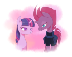 Size: 948x750 | Tagged: safe, artist:kkmrarar, edit, editor:jamalleymall, tempest shadow, twilight sparkle, alicorn, pony, unicorn, g4, my little pony: the movie, blushing, broken horn, cropped, female, horn, lesbian, looking at each other, mare, open mouth, ship:tempestlight, shipping, smiling, wingding eyes